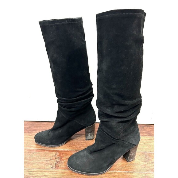 Free People Tennison Boots Size 37 Tall Black Suede Leather Pull On Heels Slouch - Picture 2 of 15
